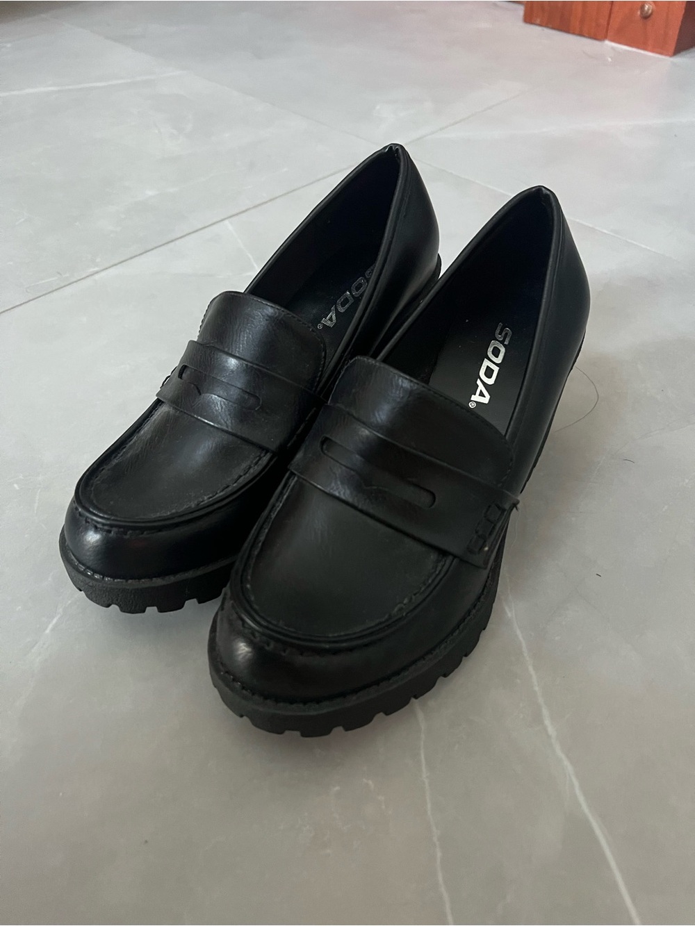 Soda Black Lug-Sole Penny Loafers for Women